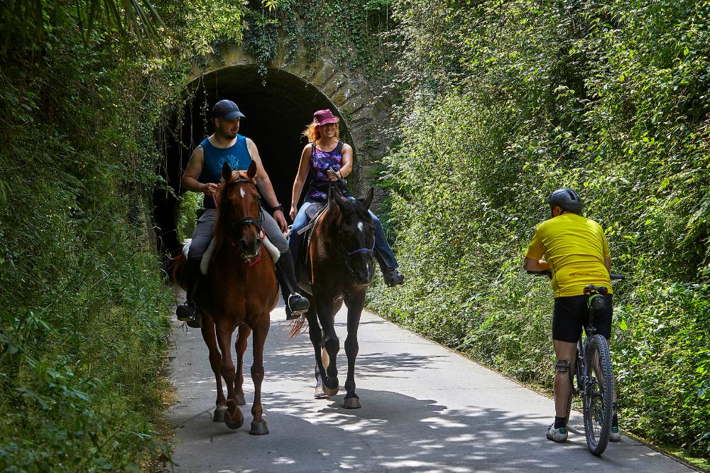 Caballos por la Vía Verde del Bidasoa y un ciclista parado